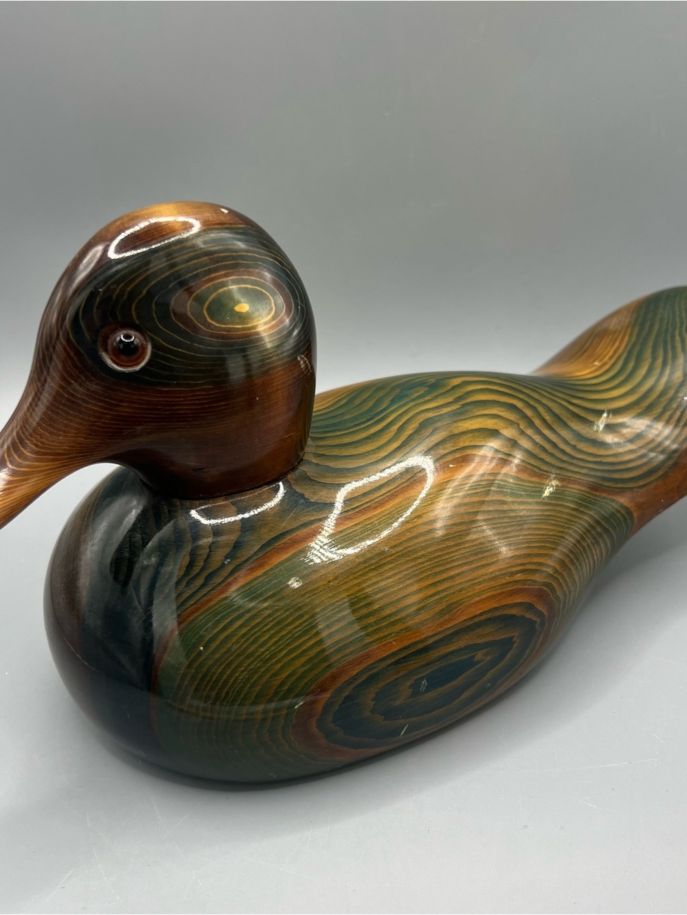 Vintage Bundy & Company 8-9” Hand Carved  Wooden Duck/ John Bundy w Glass Eyes